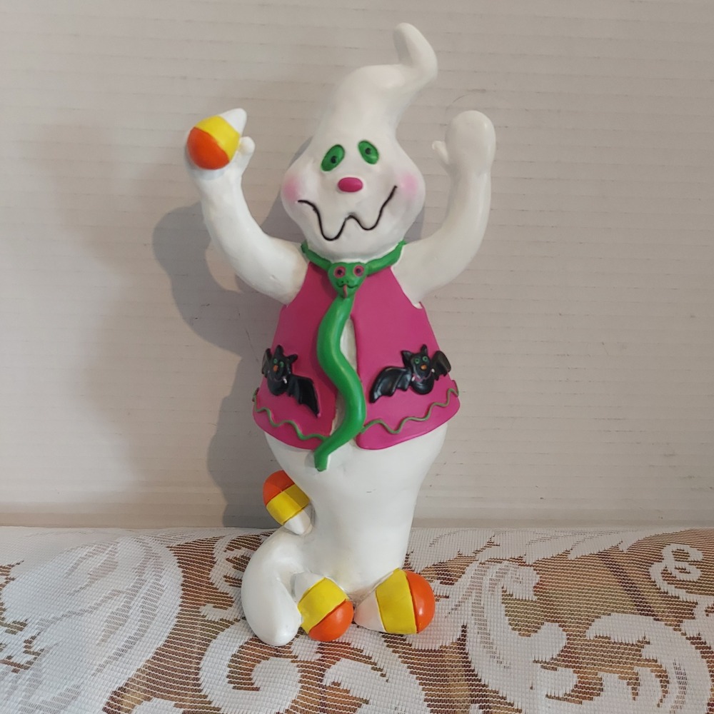 Oxford Products 2001 Halloween Ghost Figurine Pink Vest Candy Corn 9in Decor